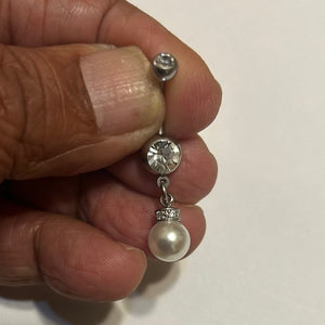Surgical Steel Double Gem with Dangle Gems Pearl 14g 10mm Long VCH Barbell.