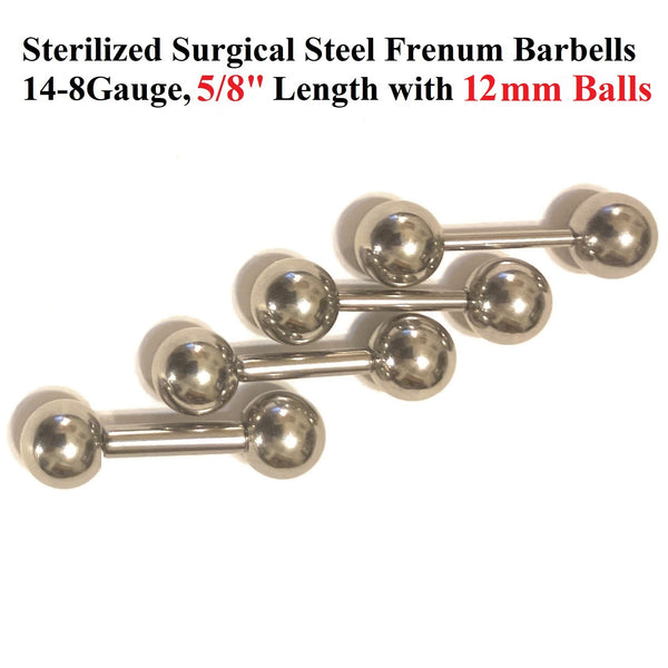 Sterilized Surgical Steel 14, 12, 10 & 8g 5/8" Length 12mm Ball FRENUM BARBELL.