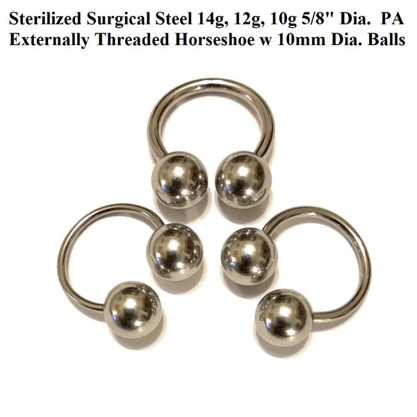 .STERILIZED Surgical Steel 14g to 10g 5/8" Dia. with 10mm Balls PA Horseshoes.