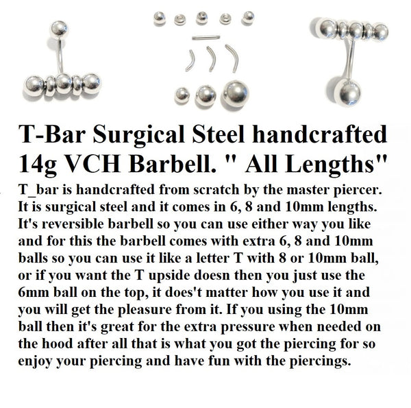 T-BAR Handcraft Surgical Steel 14g VCH Barbell with 8 & 10mm BALLS.