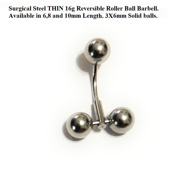 Surgical Steel THIN 16g 3X6mm Roller Balls VCH Piercing Barbell.