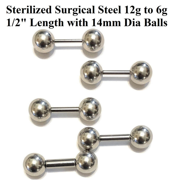 Sterilized Surgical Steel 14, 12, 10, 8  & 6g 1/2" Length 14mm Ball FRENUM BARBELL.