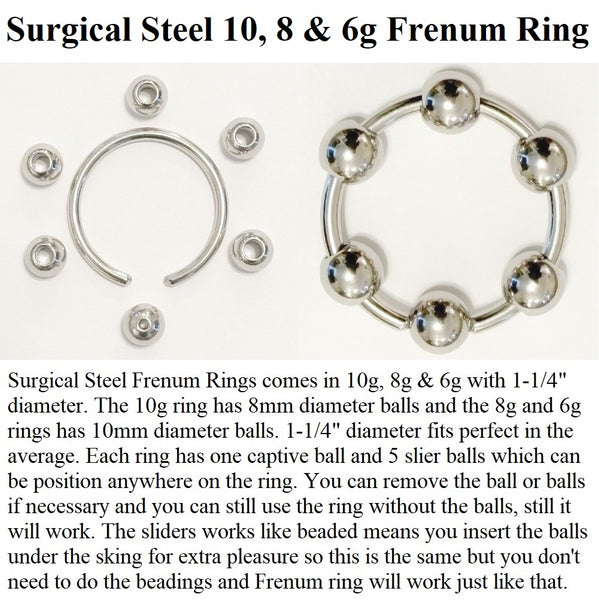 316L Surgical Steel 10g, 8g & 6g 1-1/4" Diameter BEADED FRENUM RINGS.