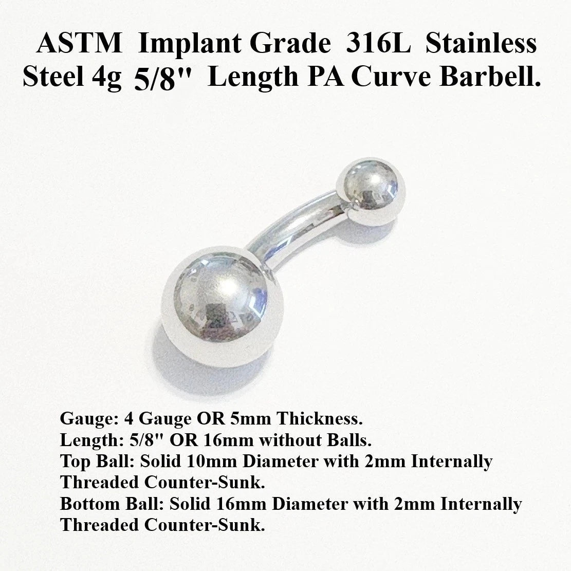 Sterilize ASTM Implant Grade 316L Surgical Steel Internal Threads Counter-Sunk Balls 4-00g PA Barbells.