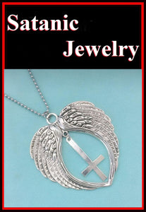Large Angel's Wings with Large Upside Down Cross 18" Bead Chain