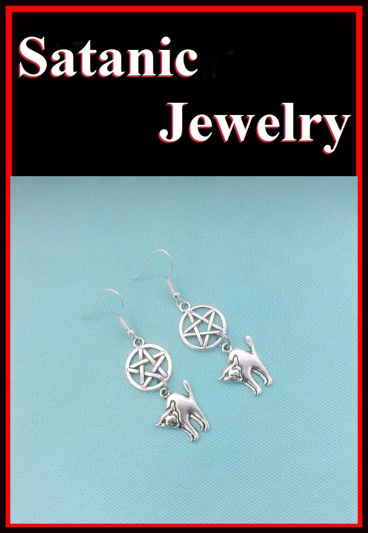 LUCIFER; Pentagram and UGLY Cat Silver Charms Earrings