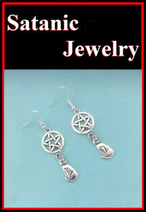 LUCIFER; Pentagram and Cat Silver Charms Earrings.