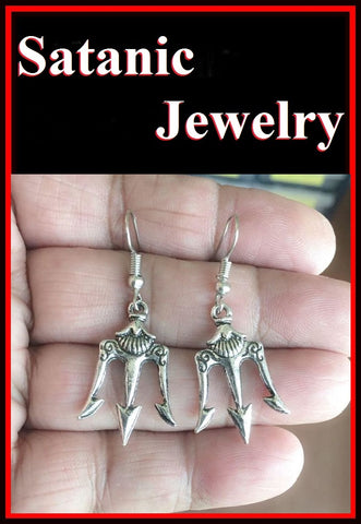 Antique Silver DEVIL's PITCH FORK Trident Dangle Drop Charms Earrings.