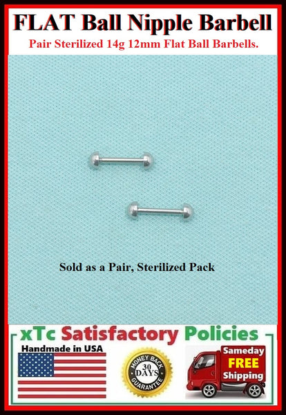 PAIR Sterilized Surgical Steel 1/2" FLAT BALL Nipple Bars.
