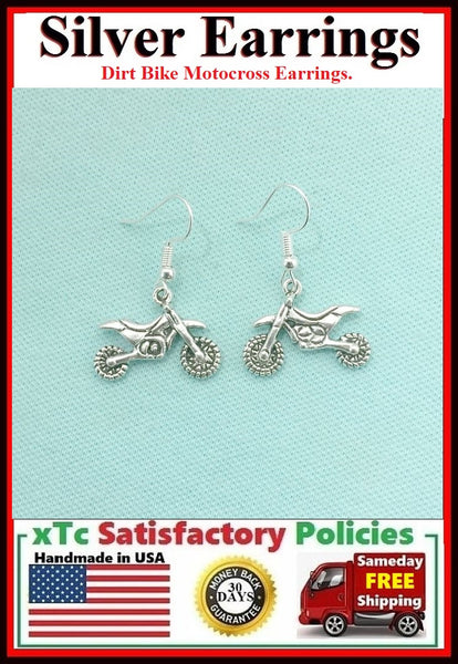 Motocross Dirtbike Silver Dangle Drop Earrings.