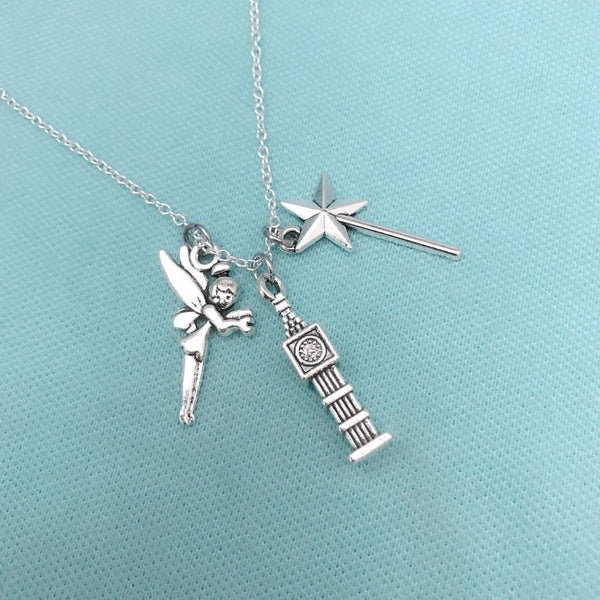 Handcrafted Peter Pan Cluster of Charms Silver Necklace.