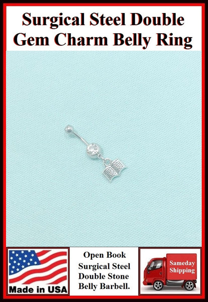 Open Book Silver Charm Surgical Steel Belly Ring.