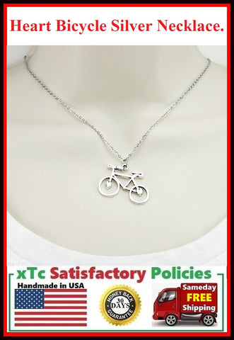 Cyclist Gift : Heart Bicycle Charm Silver Necklace.
