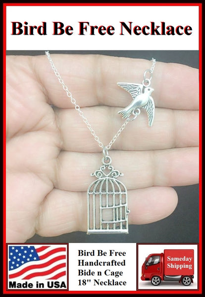 BIRD BE FREE ; Bird and Cage Handcrafted Necklace. Grad Gift.
