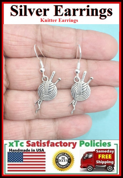 Beautiful Yarn & Needles for Knitting Silver Dangle Earrings.