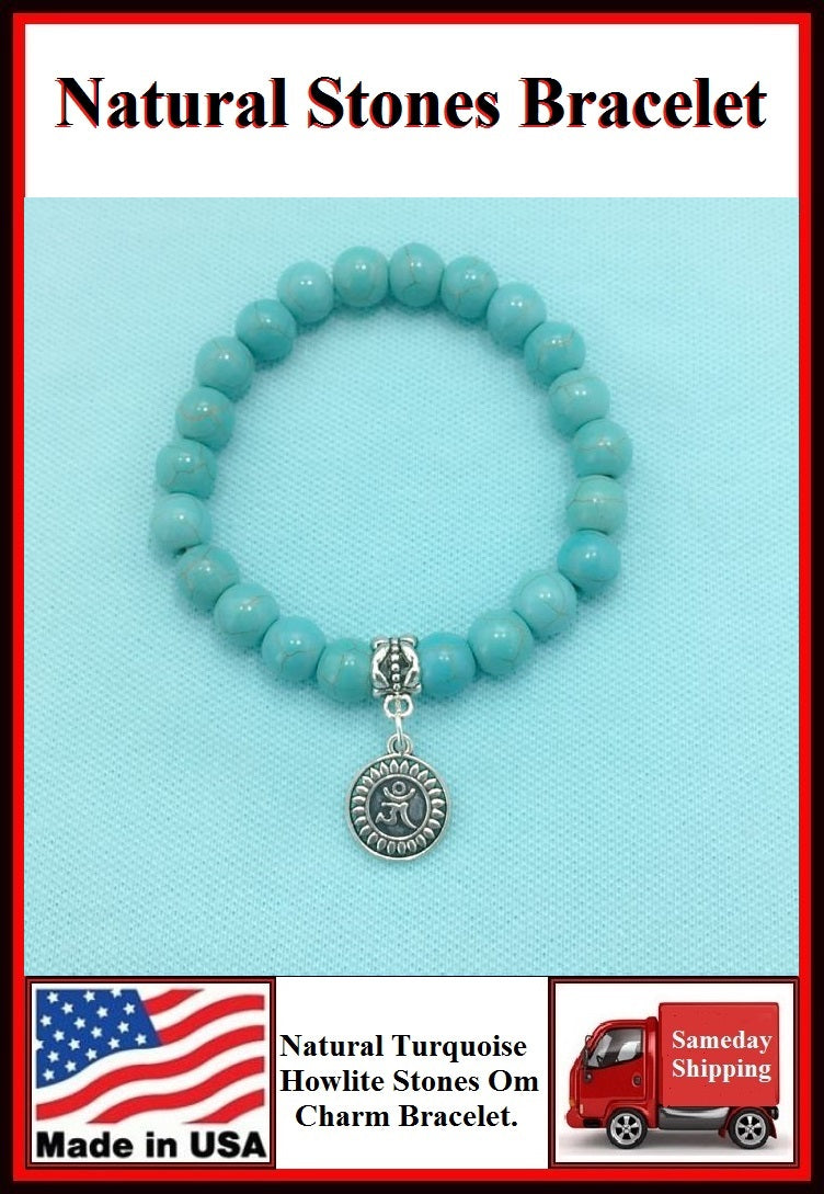 Natural Stones Turquoise & Om Yoga Charm Bracelet.