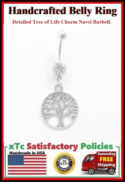1" Tree of Life Silver Charm Surgical Steel Belly Ring.