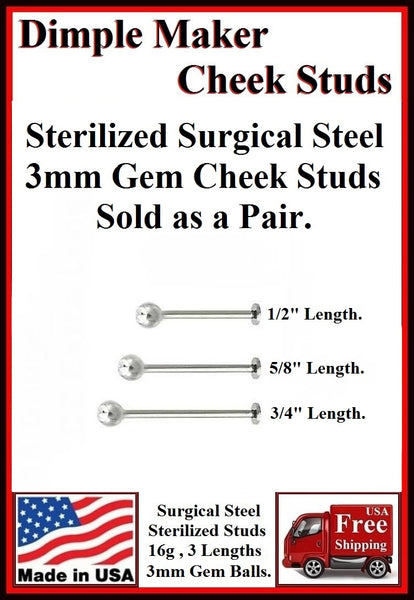 Sterilized Pair 3mm GEM 16g DIMPLE MAKER Cheek Studs.