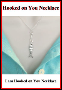 "HOOKED ON YOU" Lover Silver FISH & HOOK Charms Necklace.