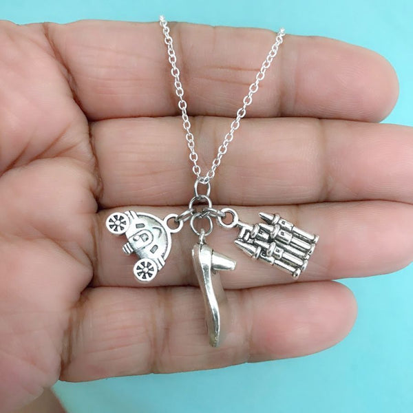 Handcrafted Cinderella Cluster of Charms Silver Necklace.