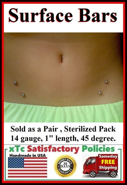 Sterilized Pair of 14g, 1" Surface Bar for Hip Piercings.