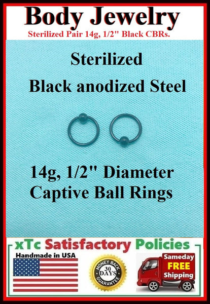 PAIR Sterilized Black anodized Surgical Steel 1/2" Nipple Rings.