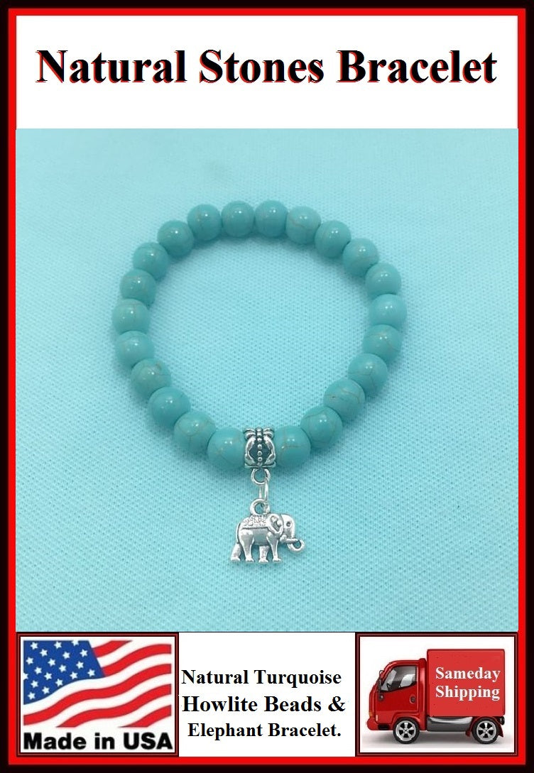 Natural Stones Turquoise & Elephant Charm Bracelet.