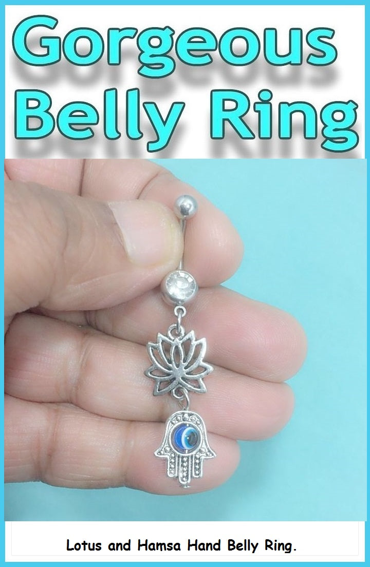 Sterilized LOTUS and HAMSA HAND Charms Surgical Steel Belly Ring