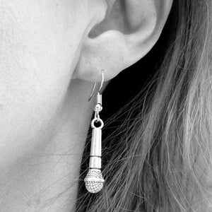 Singer Microphone  Silver Dangle Earrings.