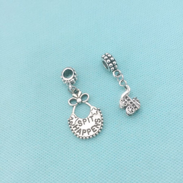 NEWLY MOM : Bib and Baby Carriage Charms Fit Beaded Bracelet