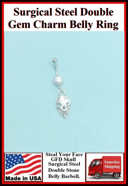 "Steal Your Face" GFD Skull Silver Charm Surgical Steel Belly Ring.