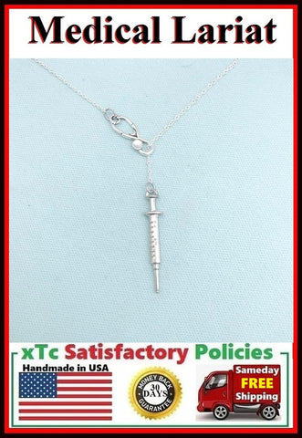 1-1/2" Long Syringe & Stethoscope Lariat Style Necklace.