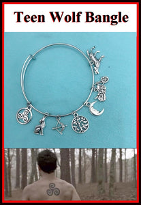 Stunning Teen Wolf charms Bangle Bracelet. Fan Gift.