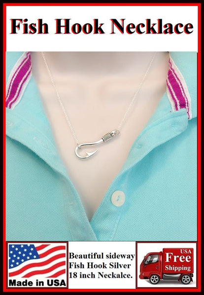 Beautiful Sideway FISH HOOK Silver Charm Necklaces.