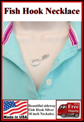 Beautiful Sideway FISH HOOK Silver Charm Necklaces.
