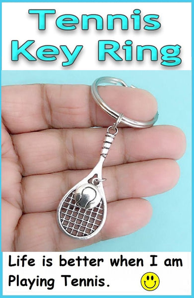 TENNIS ANY ONE; Silver Tennis Racket with Tennis Ball Key Ring.