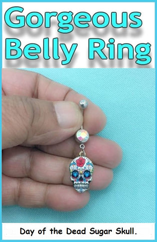 COLORFUL SUGAR SKULL Charm Surgical Steel Belly Ring