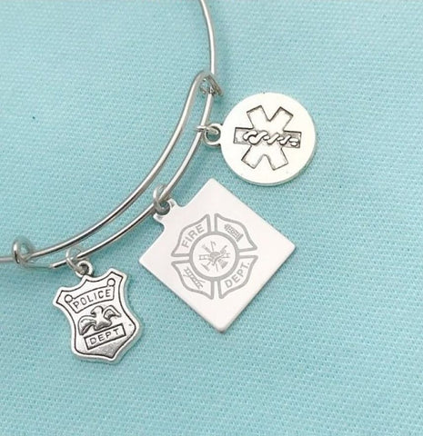 Handcrafted Firefighter, EMT, PD Charms Bangle.