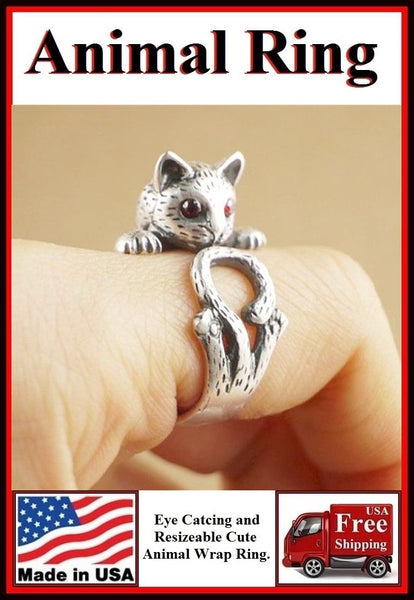Beautiful Cat with Red Gem Eyes Resizable Finger Ring.