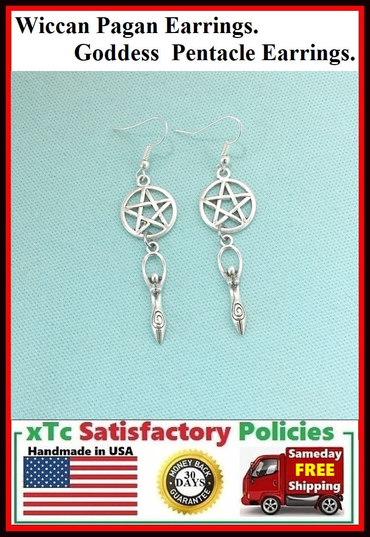 Wiccan Pagan Pentacle Goddess Silver Earrings.