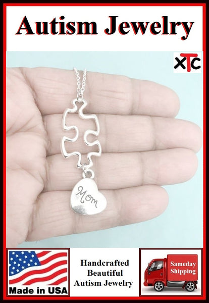 Autism Awareness Puzzle Piece with Mom Silver Necklace.