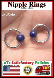 PAIR Sterilized Surgical Steel 1/2" Nipple Rings with Lapis Lazuli Balls.