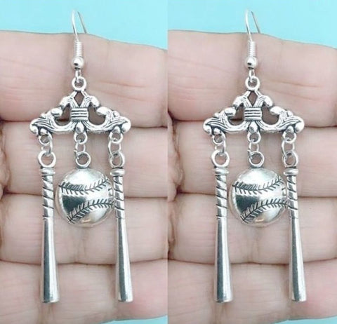 Beautiful Chandelier Unique Baseball Game Theme Silver Charms Dangle Earrings.