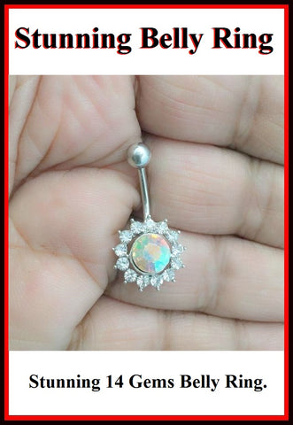 Stunning Dozen AB Color Gems Surgical Steel Belly Ring.