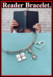 "I Love to Read", Glasses & Heart Charms Bangle.