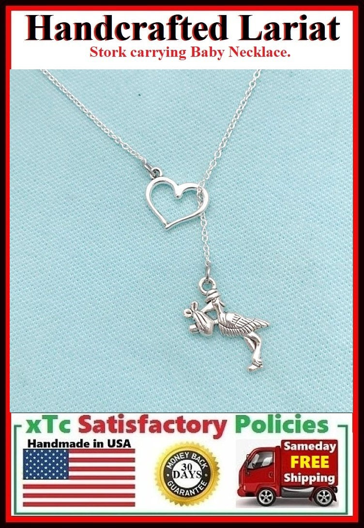 Stork with Baby Handcrafted Necklace Lariat Style.