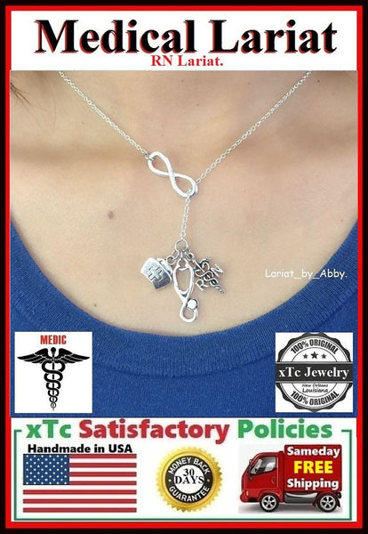 RN Caduceus Stethoscope & Medic Bag Charms Lariat Necklace.