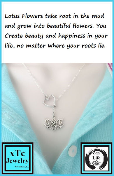 I Love LOTUS FLOWER Lariat Style Necklace, Zen Necklace.