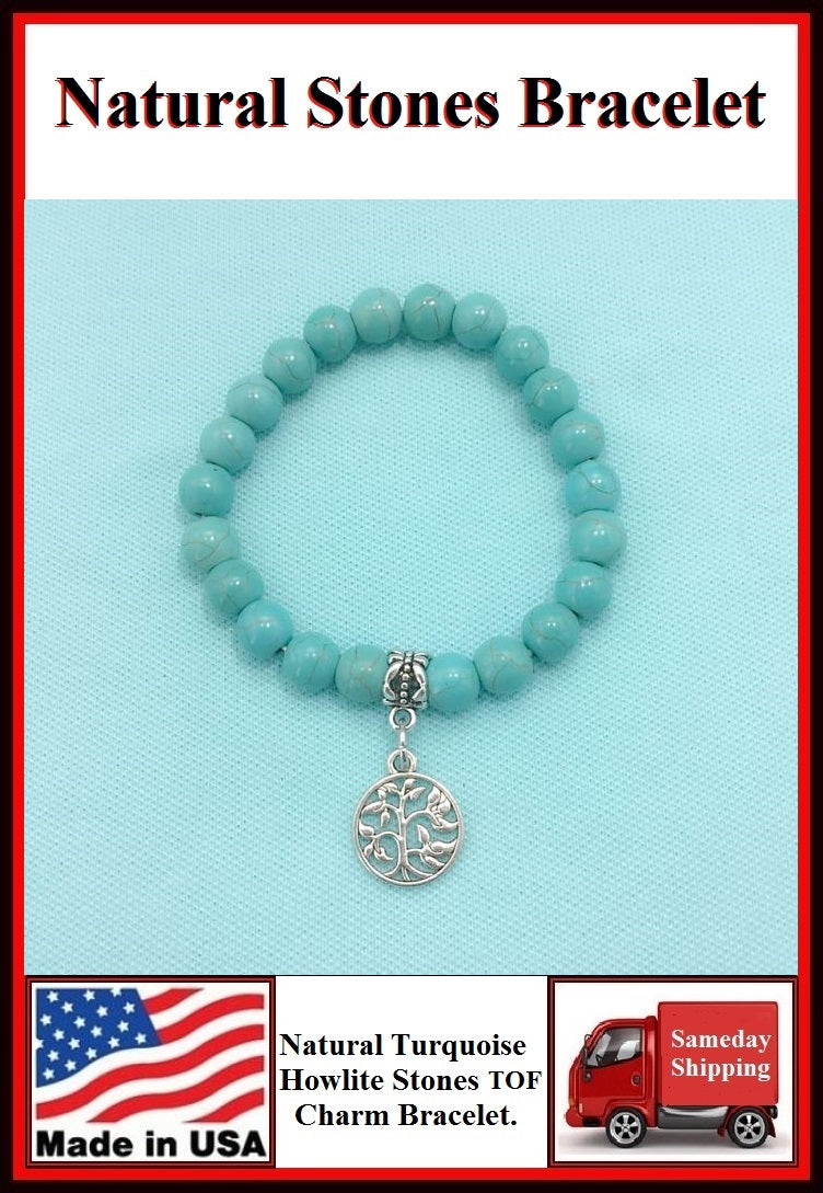 Natural Stones Turquoise & Tree of Life Charm Bracelet.