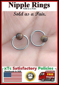 PAIR Sterilized Surgical Steel 1/2" Nipple Rings with Tiger Eye Balls.